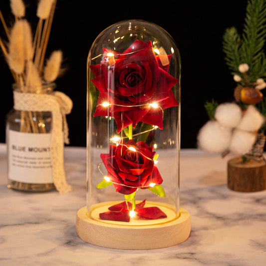 Christmas Valentine's Day Birthday Gift Two Roses Glass Cover Ornament LED Light Simulation Immortal Flower