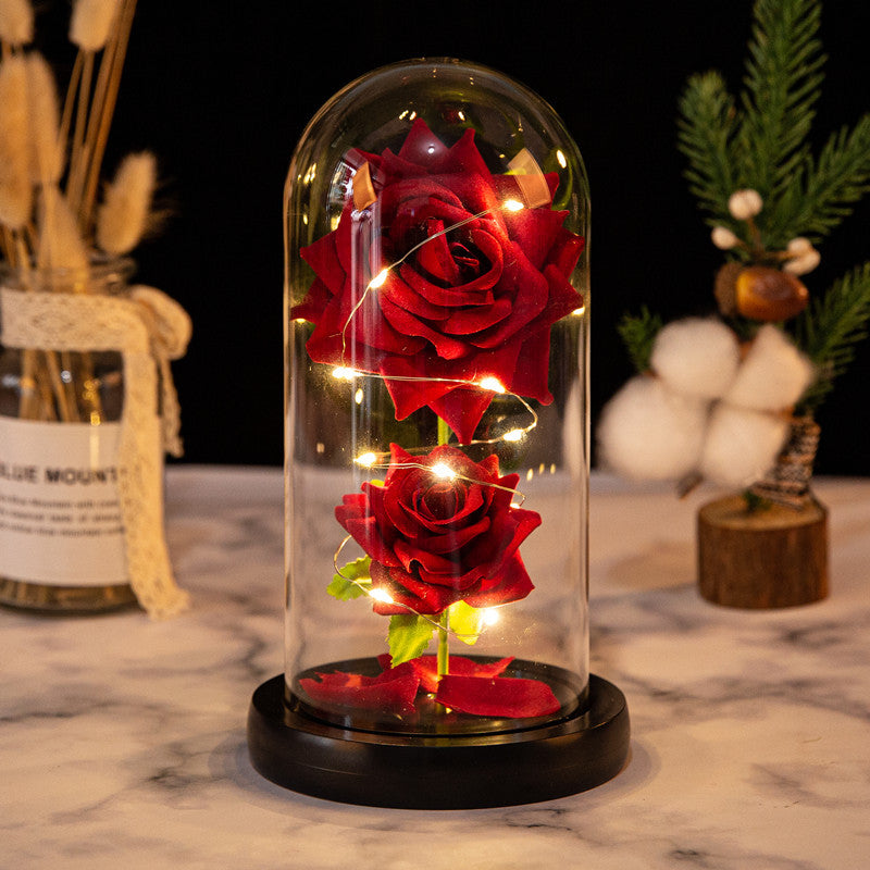 Christmas Valentine's Day Birthday Gift Two Roses Glass Cover Ornament LED Light Simulation Immortal Flower